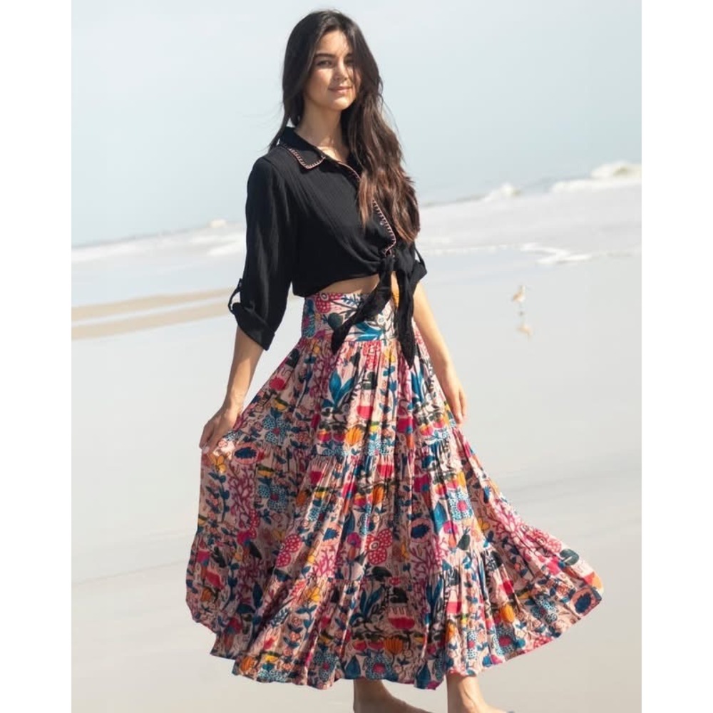 Natural Life Hannah Tiered Floral Maxi Skirt Smocked High Waist Pink XS